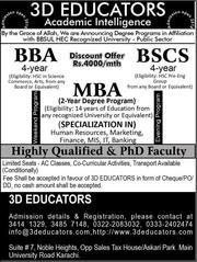 MBA,  BBA & BS(CS) Only For Rs.4000/Month Offers By 3D Educators